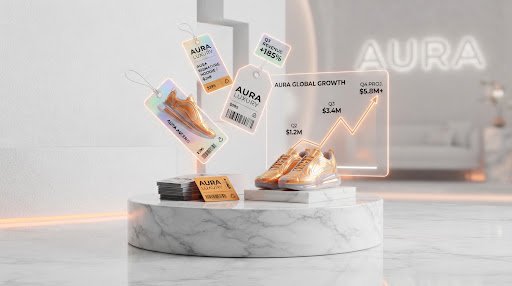 High-end minimalist luxury fashion apparel brand packaging with textured cream paper, metallic foil debossed typography, and clean sculptural marble product stands bathed in warm natural sunlight