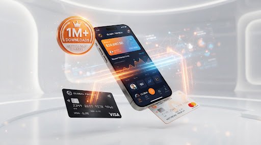 Futuristic glowing fintech mobile application interface and debit card displayed on frosted glass plinth with warm amber backlight, sleek obsidian black ceramic background and 3D graphs