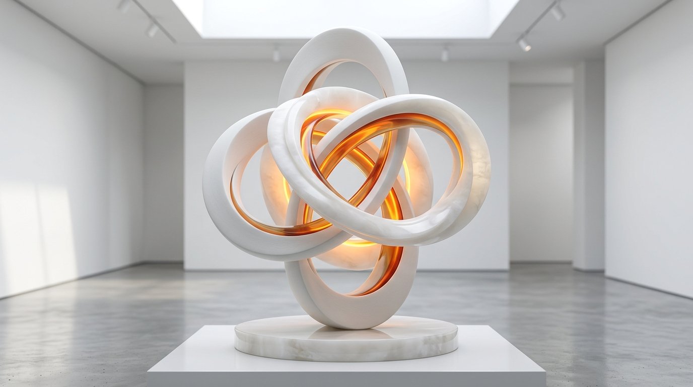 High-end 3D architectural sculpture made of smooth white porcelain waves and fluid satin alabaster surfaces with warm ambient orange interior lighting, minimalist gallery aesthetic, tactile luxury depth, pristine studio lighting.