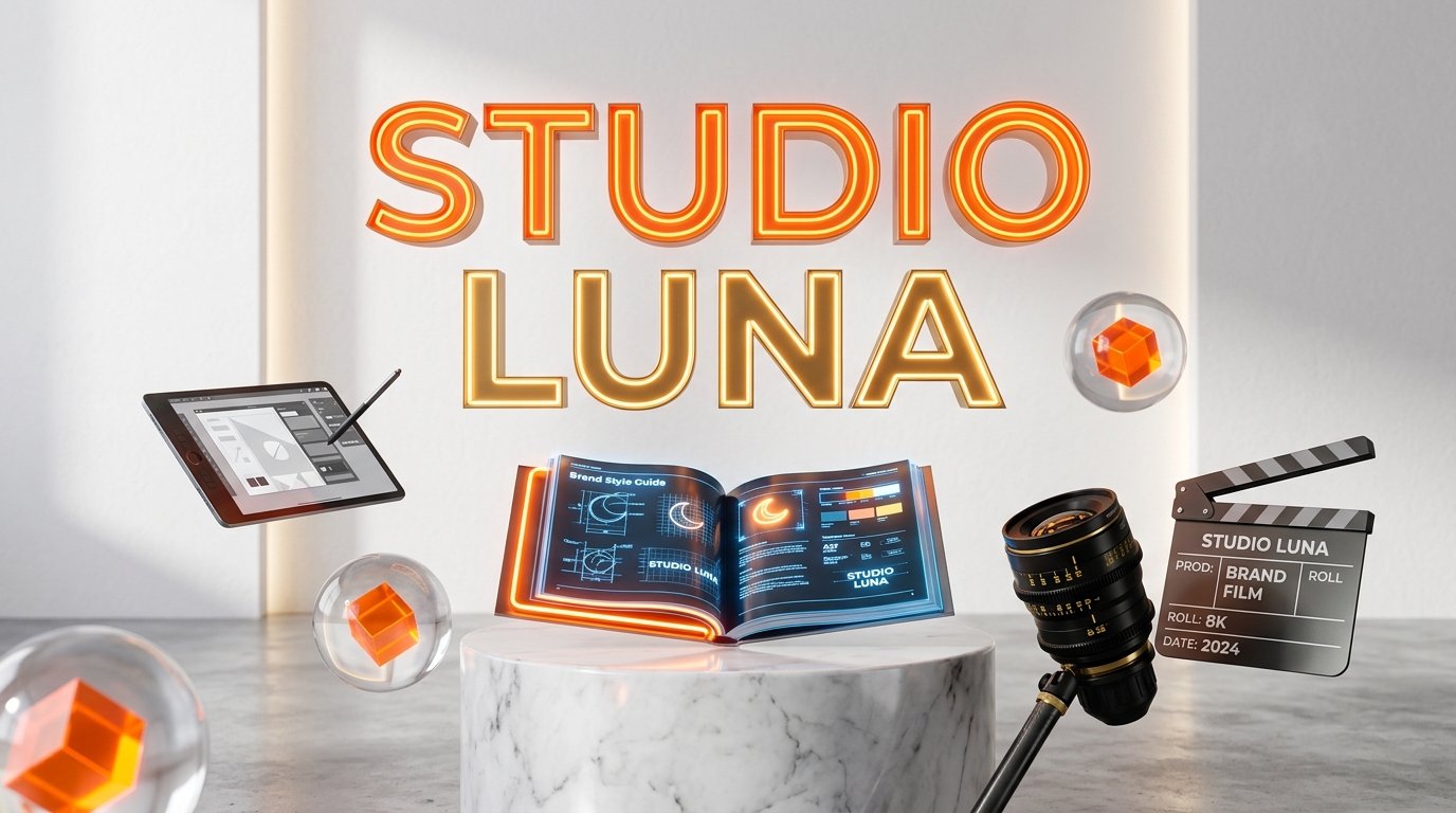 Studio Luna 3D Brand Architecture showcase featuring open brand guide, camera lens, slate, and glowing orange neon typography